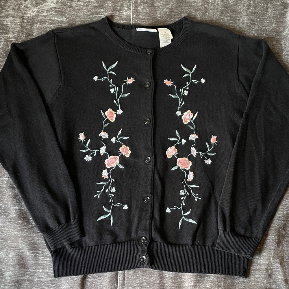 Villager Petite by Liz Claiborne Cardigan Sweater with Embroidered Floral Design